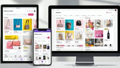 The image depicts a sleek and modern digital catalogue interface displayed on various devices including a tablet smartphone and laptop The catalogue features vibrant product images with highlighted sections showcasing bestsellers and promotions throu-1