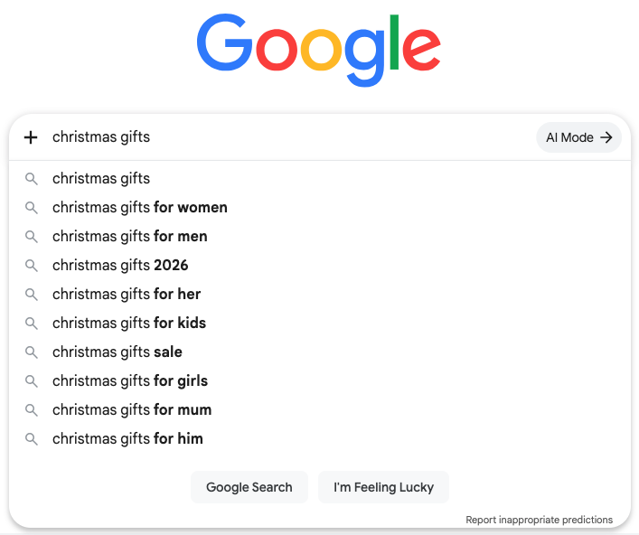 Google Search - Christmas Gift Suggestions